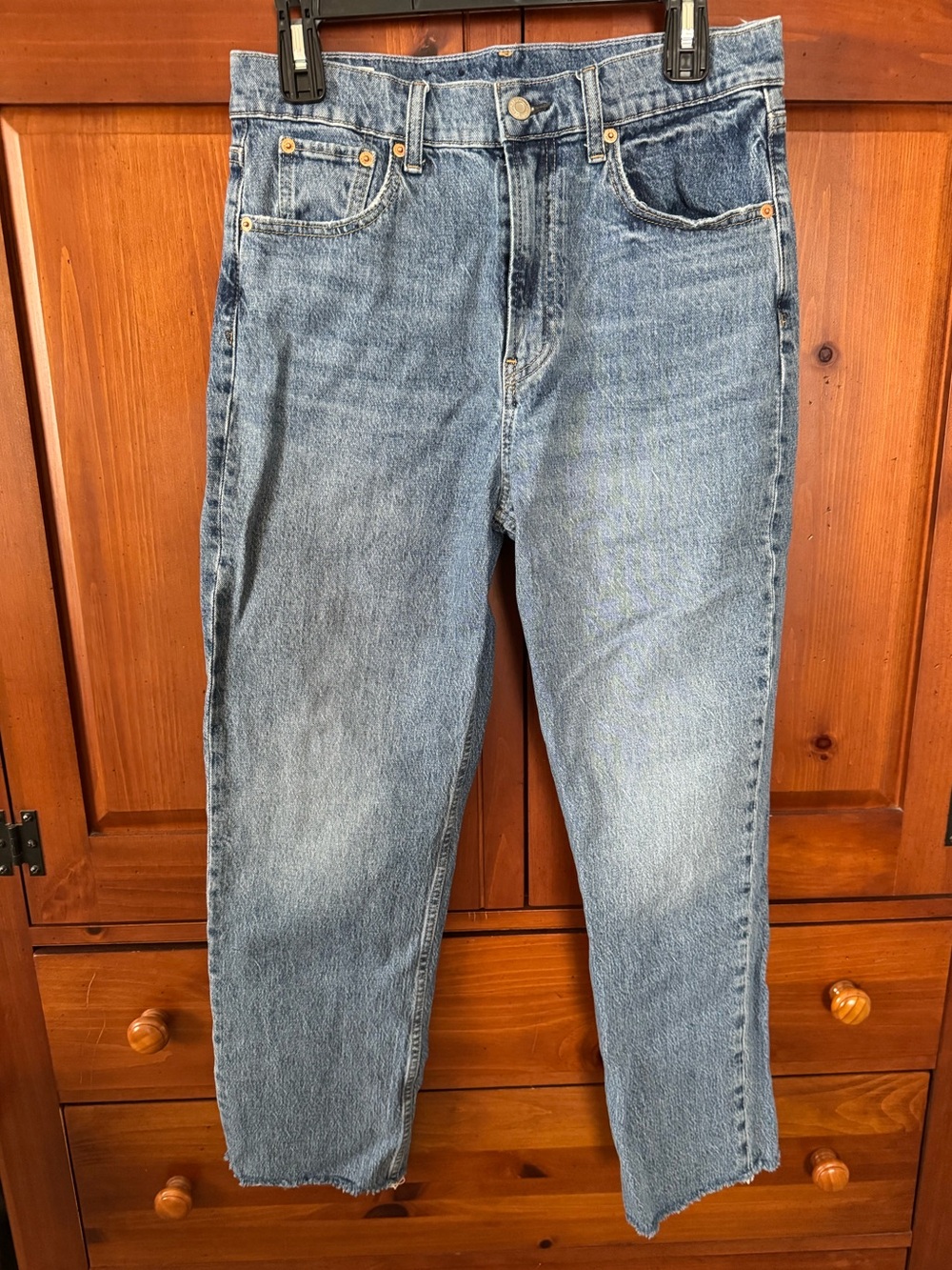Gap Sky High Straight Jeans 29 8 High Rise Medium Wash Raw Hem